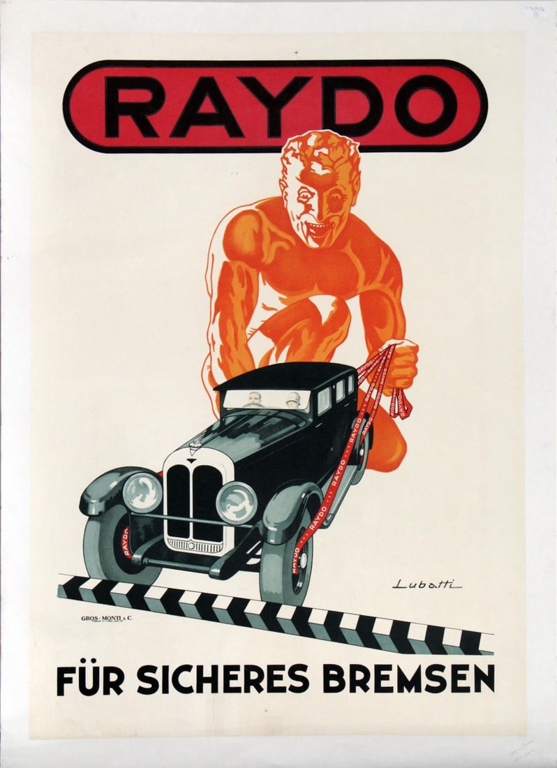 Lubatti - Vintage Poster - Itallian Automobile Brake: Artist: Lubatti Title: Vintage Raydo- Itallian Automobile Brake Advertisment Poster Year: 1930 Dimensions: 27 5/8in. by 39 1/8in. Edition: From the rare limited edition Medium: