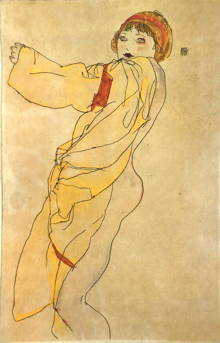 Egon Schiele (After) - Standing woman: Artist: Egon Schiele (After) Title: Standing woman with orange headband and dress Year: 1982 Dimensions: 16 1/4in. by 12 1/8in. Publisher: Mazzotta 1982 Suite: