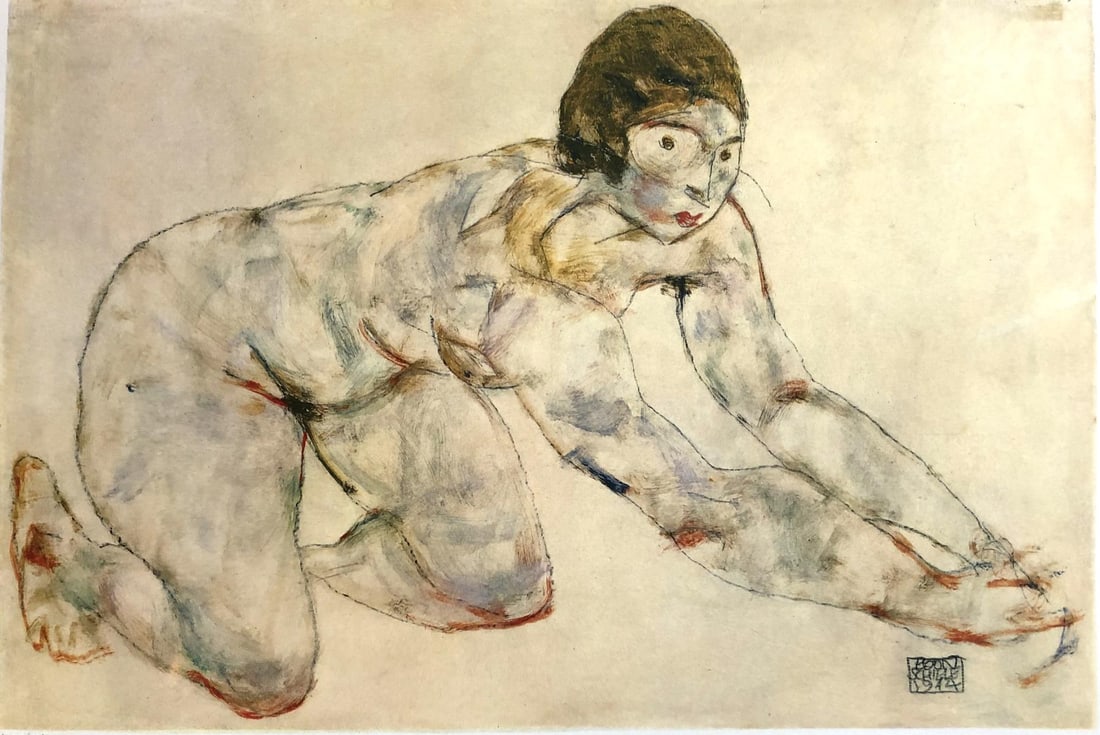 Egon Schiele (After) - Nude kneeling: Artist: Egon Schiele (After) Title: Nude kneeling Year: 1982 Dimensions: 16 1/4in. by 12 1/8in. Publisher: Mazzotta 1982 Suite: Erotic Drawings Medium: Offset Lithograph Signature Details: Signed on
