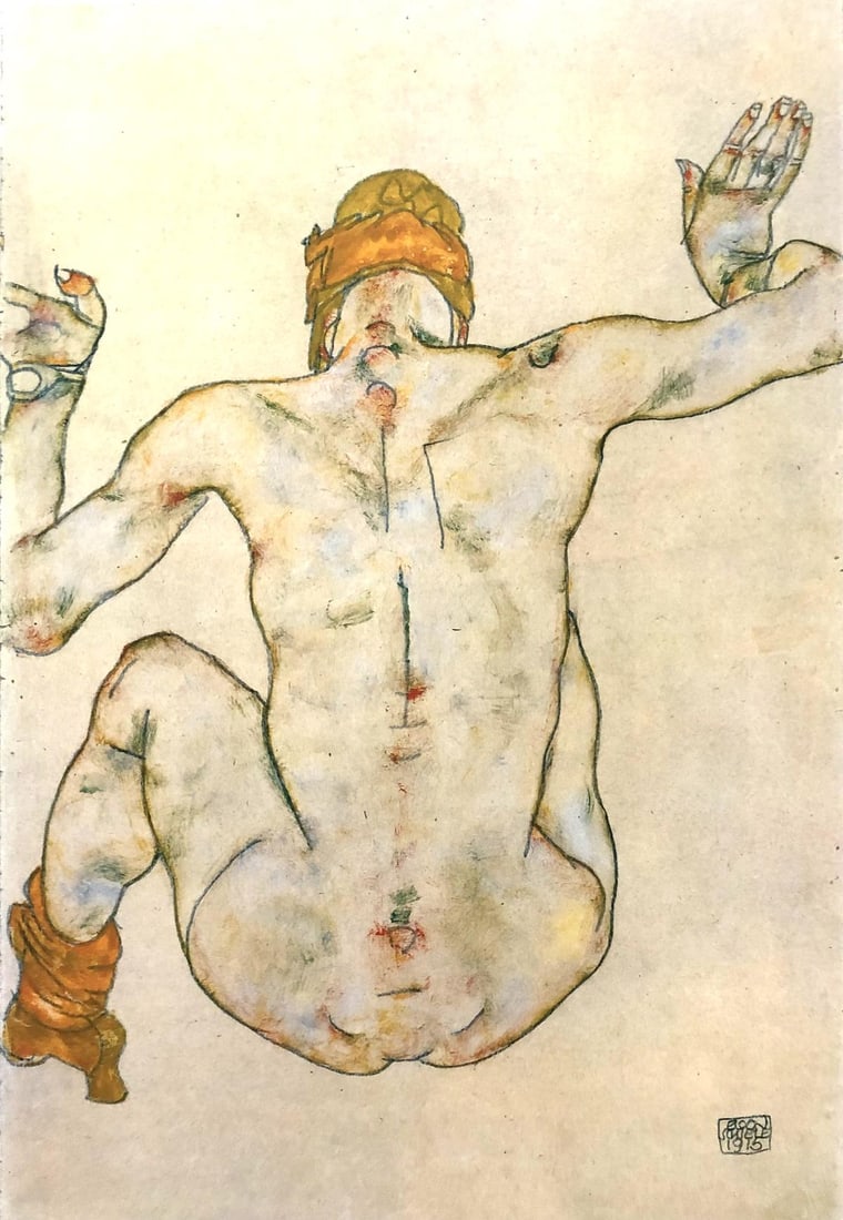 Egon Schiele (After) - Nude seated from behind: Artist: Egon Schiele (After) Title: Nude seated from behind Year: 1982 Dimensions: 16 1/4in. by 12 1/8in. Publisher: Mazzotta 1982 Suite: Erotic Drawings