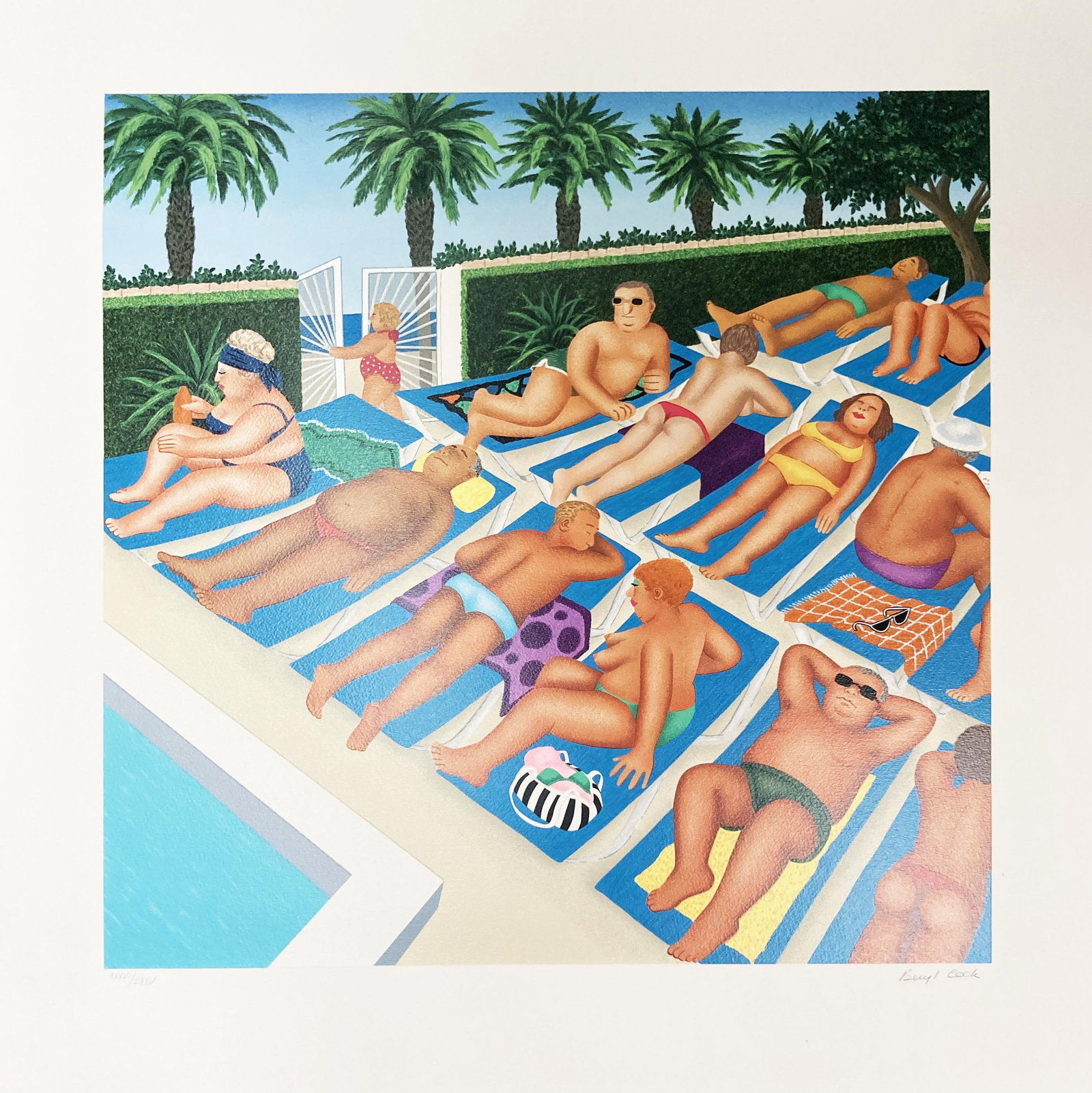 Beryl Cook - Sunbathers: Artist: Beryl Cook Title: Sunbathers Year: 1986 Dimensions: 24in. by 24.25in. Edition: From the rare limited edition of LXXV Medium: Original serigraph on paper