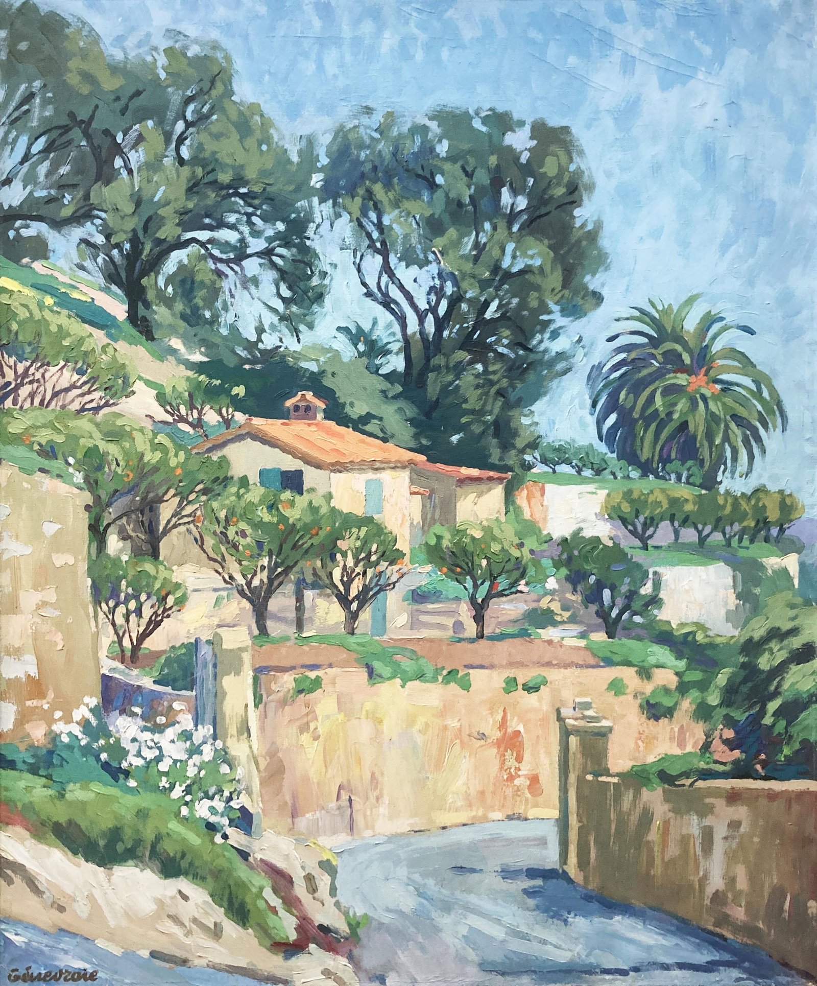 Jacques Genevraie-Thiebsart - Golfe Juane: Artist: Jacques Genevraie-Thiebsart Title: Golfe Juane Dimensions: 25.5in. by 21.5in. Edition: Unique Original One of a Kind Artwork Medium: Original oil on canvas Condition: Excellent Signature