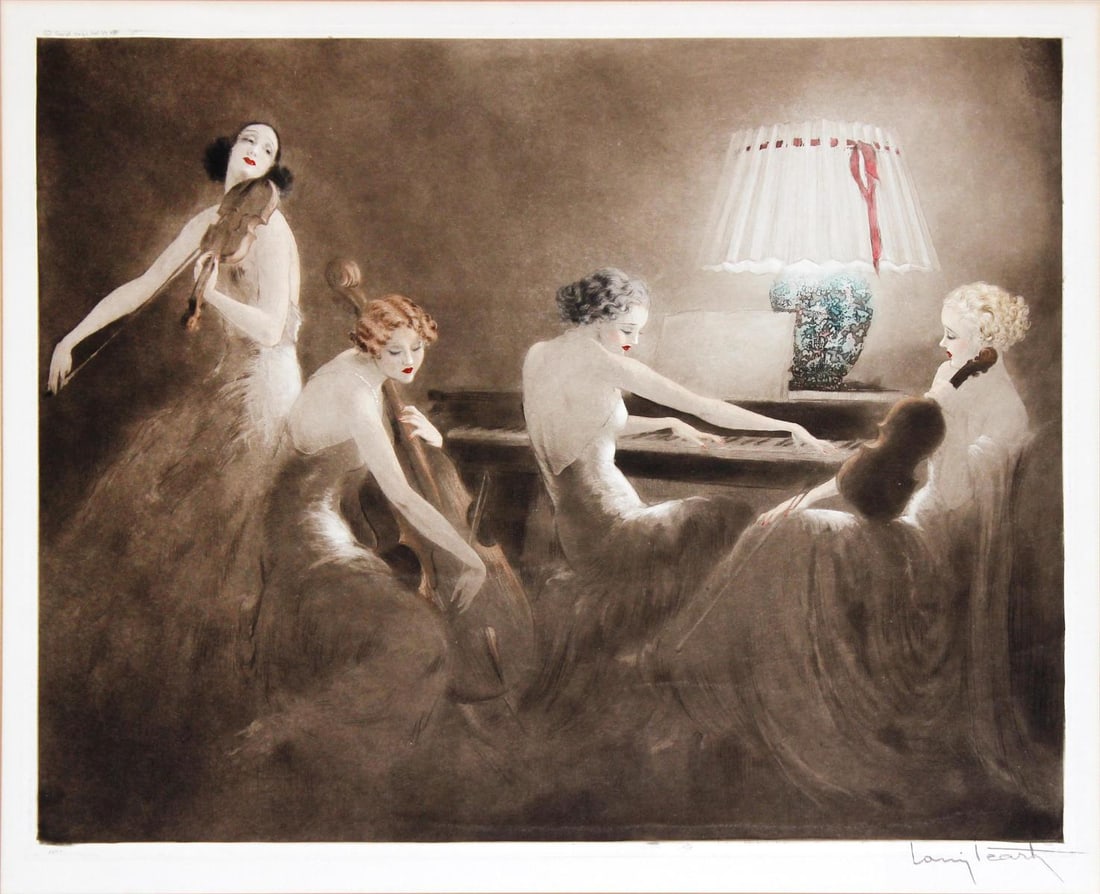 Louis Icart - Melody Hour: Artist: Louis Icart Title: Melody Hour Year: 1934 Dimensions: 18.2in. by 22.8in. Edition: From the rare limited edition Medium: Original drypoint etching on pap
