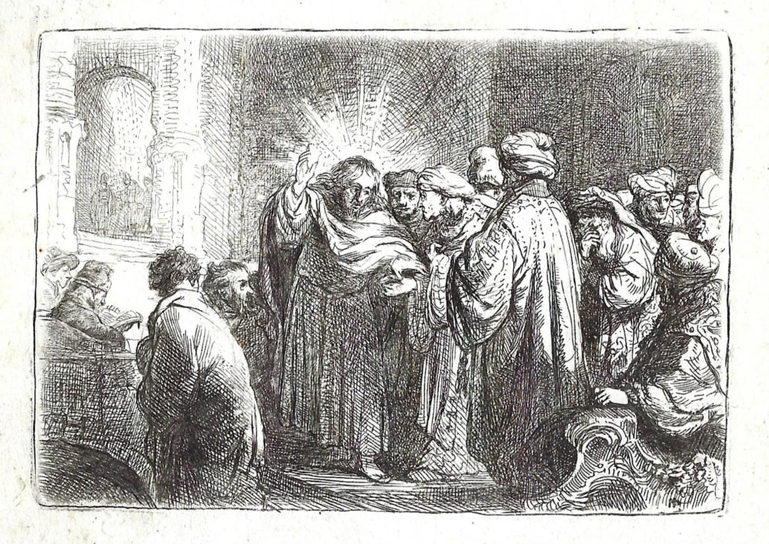 Rembrandt van Rijn - The Tribute Money: Artist: Rembrandt van Rijn Title: The Tribute Money Dimensions: 4 3/4in. by 3 1/2in. Edition: From the Rare Limited Edition Medium: Original Etching on Paper Condit