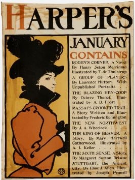 Edward Penfield - Harper's January 1898: Artist: Edward Penfield Title: Harper's January 1898 Year: 1898 Dimensions: 16in. by 22 3/8in. Edition: From the rare limited edition Medium: Original lithograph in colors on paper Condition: As