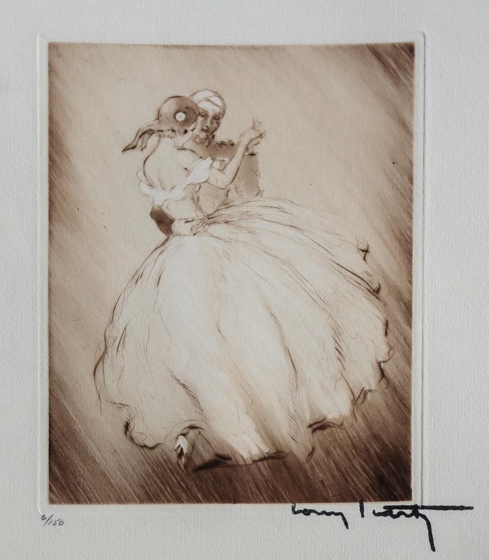 Louis Icart - Untitled from La Ronde des Dances: Artist: Louis Icart Title: Untitled from La Ronde des Dances Year: 1938 Dimensions: 7in. by 5.5in. Edition: From the rare limited edition of 150 Suite: La Ronde des Dances Medium: Original etching on
