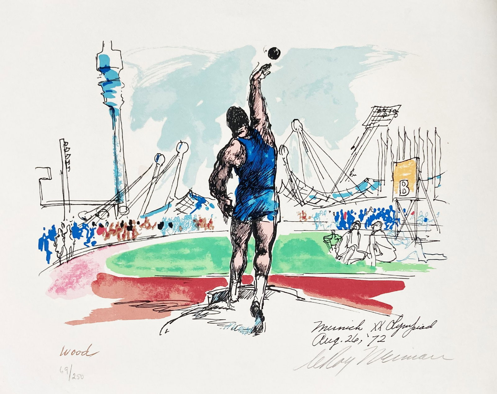 Leroy Neiman - Shot Put: Artist: Leroy Neiman Title: Shot Put Year: 1972 Dimensions: 15 1/2 x 22 in. Edition: From the Rare Limited Edition of 250 Suite: Munich Medium: Serigraph in Colors Condition: Excellent Signature