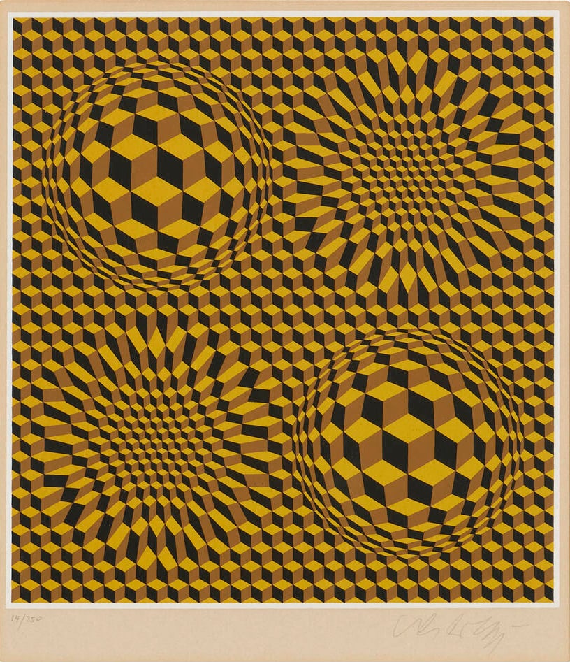 Victor Vasarely - Coelum: Artist: Victor Vasarely Title: Coelum Year: c1980 Dimensions: 8 1/2 x 8 in. Edition: 14 from the limited edition of 350 Medium: Screenprint in colors Condition: Excellent Signature Details: Hand