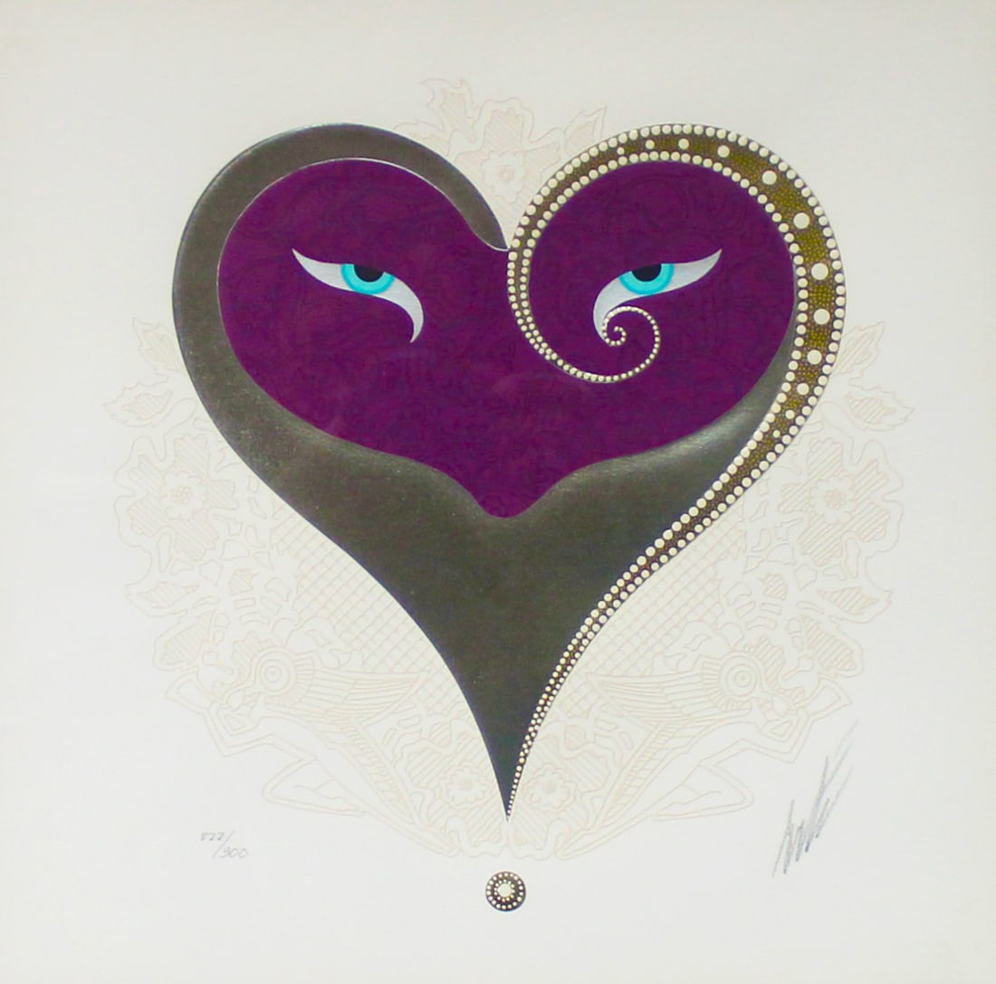 Erte - Heart I: Artist: Erte Title: Heart I Year: 1985 Dimensions: 12 x 12 in. Edition: From the Rare Limited Edition of 300 Suite: Hearts and Zephyrs Medium: Serigraph in Colors on Paper Condition: Excellent