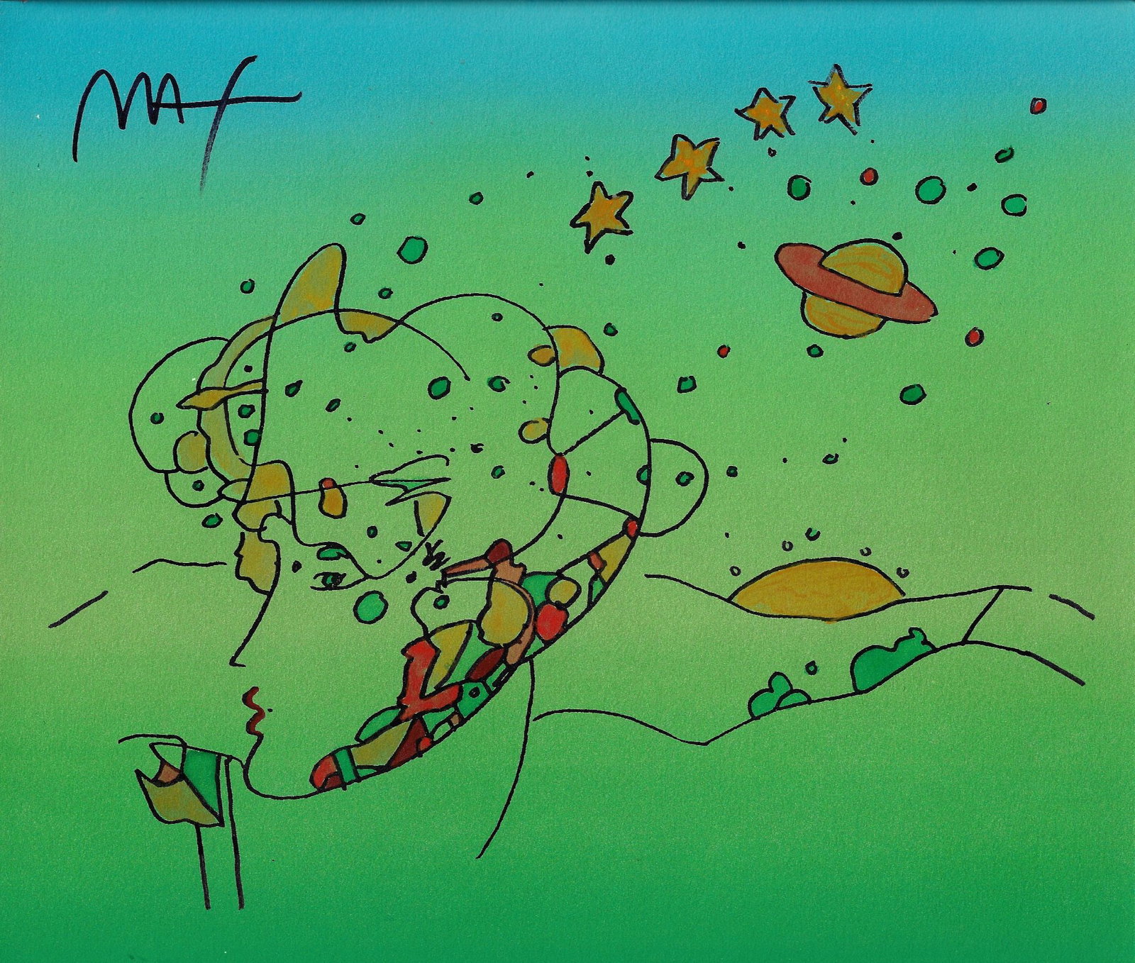 Peter Max - Cosmic Profile: Artist: Peter Max Title: Cosmic Profile Year: c. 1989 Dimensions: 12 x 13 3/4 in. Edition: Original work of art Medium: Mixed media with watercolor and serigrap