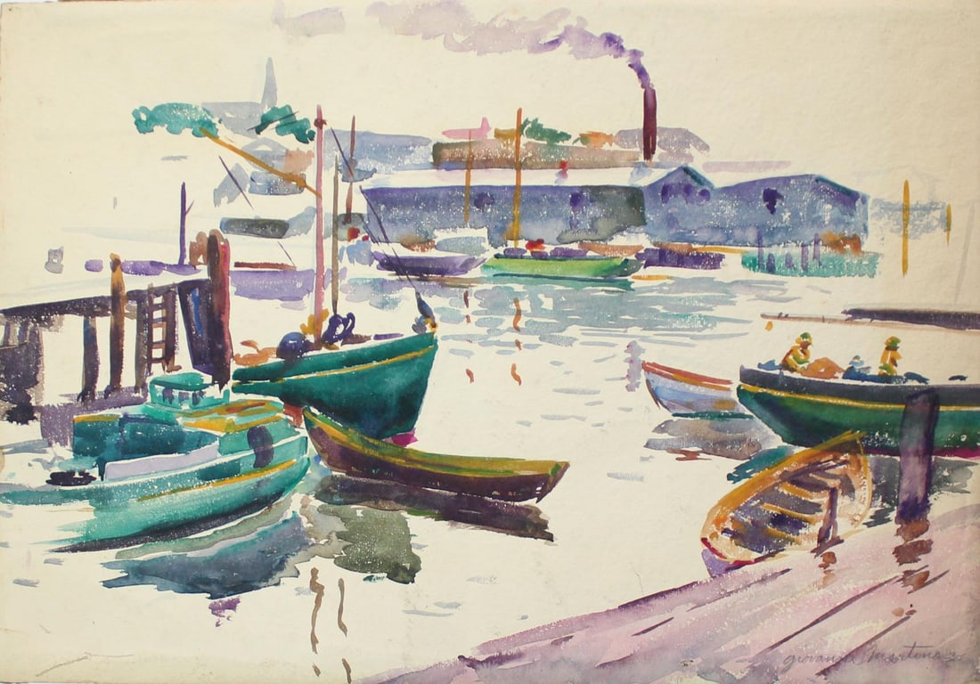 Giovanni Martino - Docks: Artist: Giovanni Martino Title: Docks Dimensions: 14in. by 20in. Edition: Unique One of a Kind Artwork Medium: Original Watercolor Painting on Paper Condition: