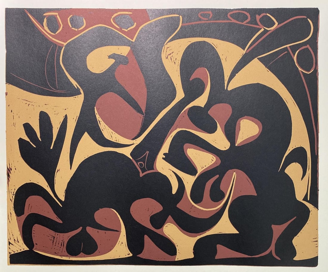 Pablo Picasso - Pique II: Artist: Pablo Picasso Title: Pique II Year: 1962 Dimensions: 12.75in. by 15.5in. Edition: From a rare limited edition Publisher: Verlag Gerd Hatje Stuttgart Suite: Picasso Linocut Medium: Linocut in
