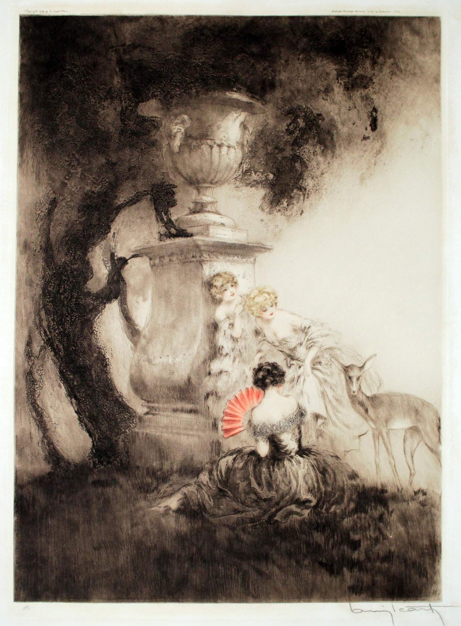 Louis Icart - Four Dears: Artist: Louis Icart Title: Four Dears Year: 1926 Dimensions: 21.25in. by 15in. Edition: From the rare limited edition Medium: Original drypoint etching with han