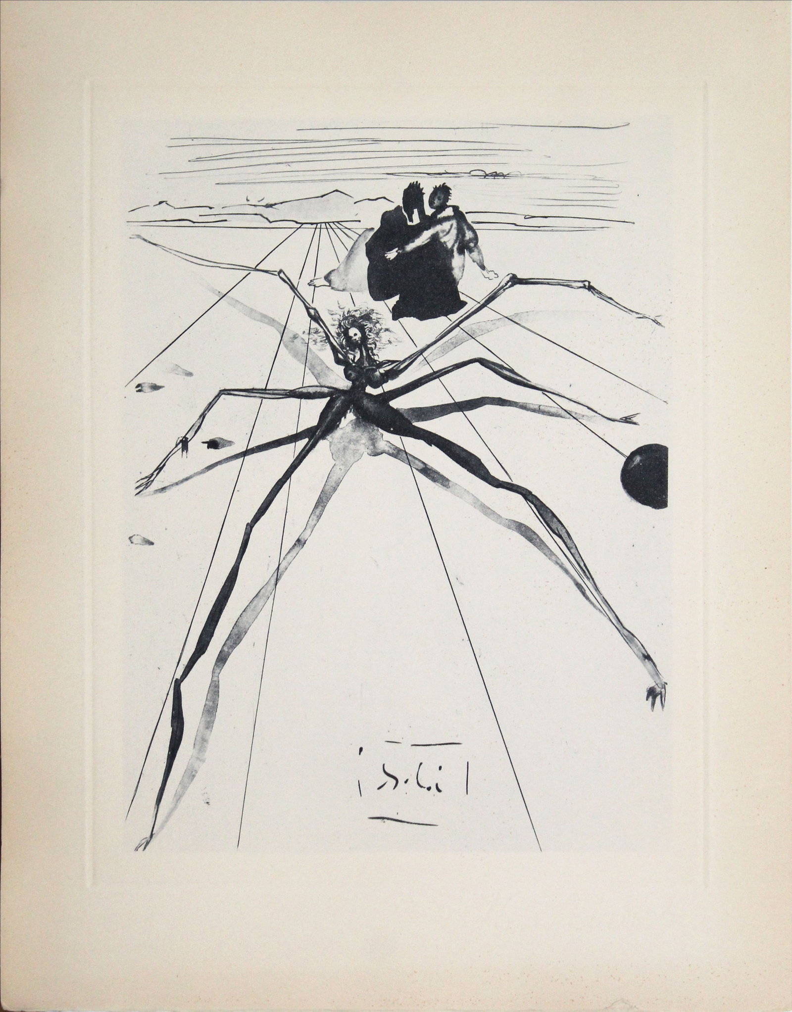 Salvador Dali - Arachne: Artist: Salvador Dali Title: Arachne Year: 1964 Dimensions: 10 1/4 x 13 in. Edition: From the rare limited edition of 165 in blue/gray Publisher: Les Heures Claires, Paris Suite: The Divine Comedy