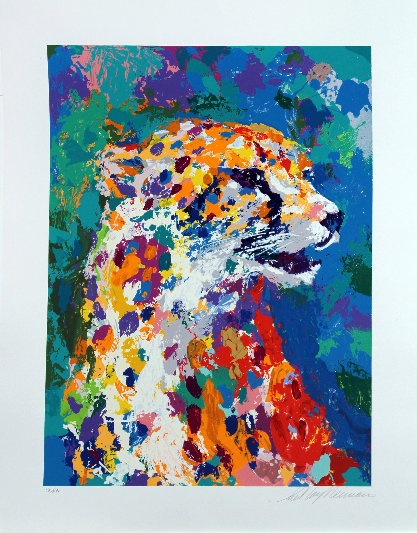 Leroy Neiman - Portrait of a Cheetah: Artist: Leroy Neiman Title: Portrait of a Cheetah Year: 2004 Dimensions: 28 x 21 in. Edition: From the limited edition of 450 Publisher: Medium: Original serigraph on paper Condition: Excellent
