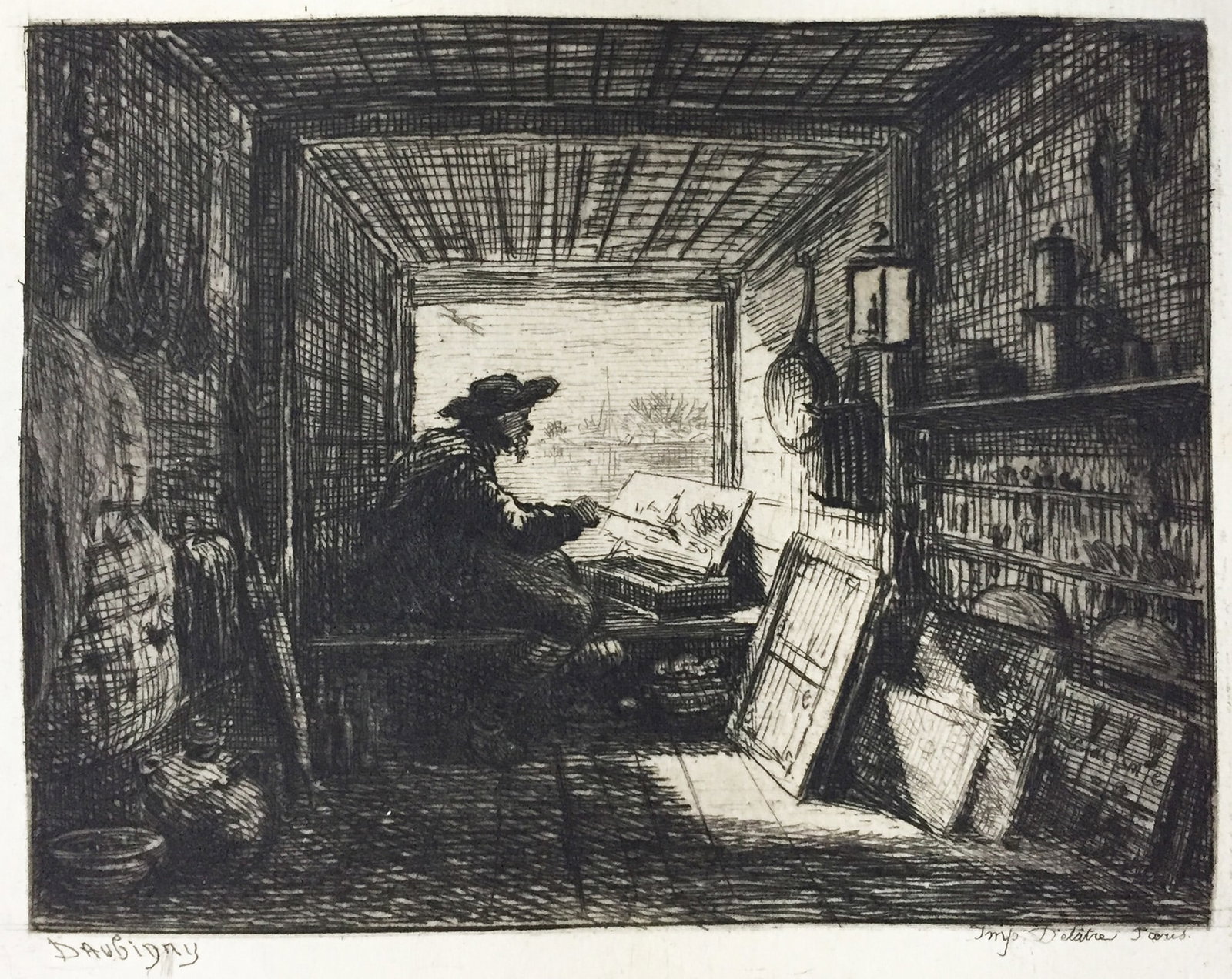 Charles-Francois Daubigny - Daubigny in His Cabin: Artist: Charles-Francois Daubigny Title: Daubigny in His Cabin Year: 1868 Dimensions: 6 5/8 x 9 7/8 in. Edition: From the Rare Limted Edition Publisher: MacMillan and Co. Suite: Etching and Etchers