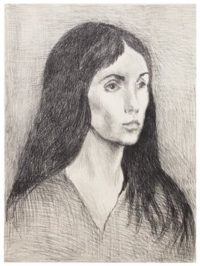 Raphael Soyer - Woman with Black Hair: Artist: Raphael Soyer Title: Woman with Black Hair Year: 1979 Dimensions: 18 1/2 x 14 in. Edition: Numbered 6 from the HC edition of 10 Publisher: Medium: Original lithograph on paper Condition: