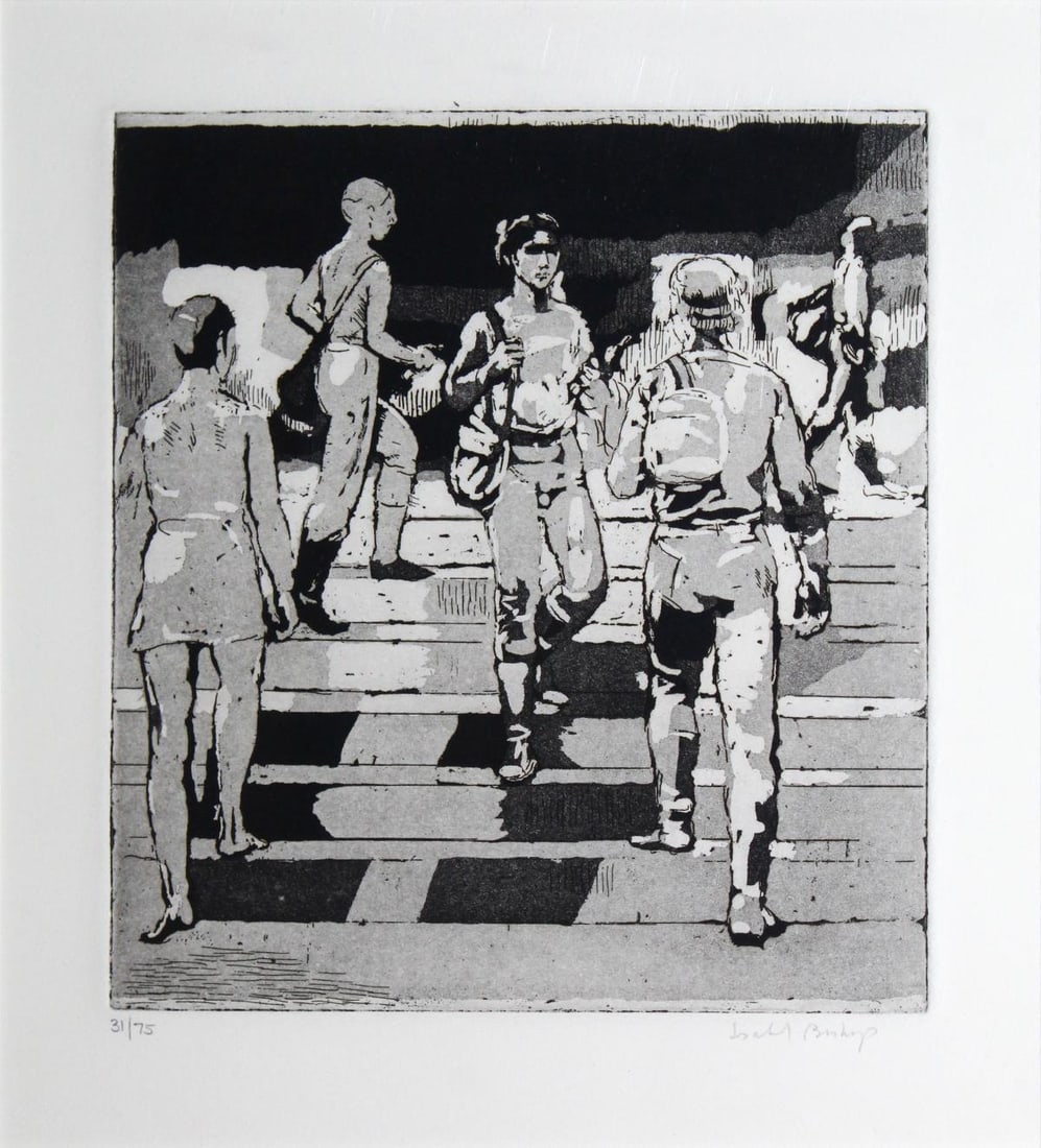 Isabel Bishop - Entrance to Union Square: Artist: Isabel Bishop Title: Entrance to Union Square Year: 1981 Dimensions: 9 1/2in. by 10 1/4in. Edition: From the limited edition of 75 Medium: Original etching with aquatint on paper Condition: