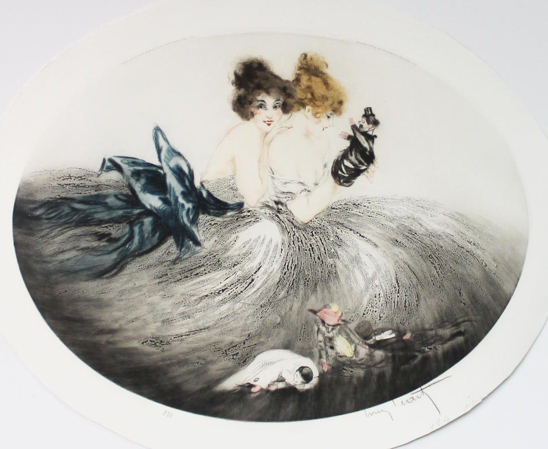 Louis Icart - Puppets: Artist: Louis Icart Title: Puppets Year: 1921 Dimensions: 19in. by 14 1/2in. Edition: From the rare limited edition Medium: Original drypoint etching with hand coloring on paper Condition: Excellent