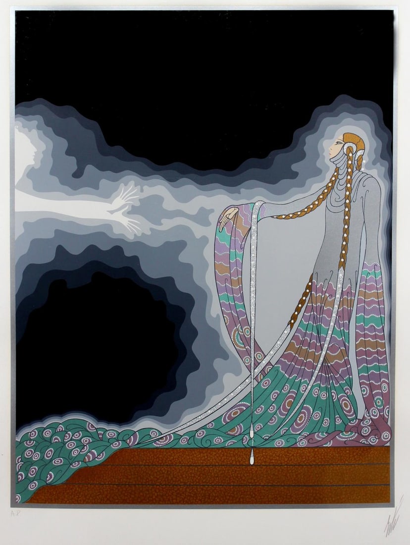 Erte - Melisande: Artist: Erte Title: Melisande Year: 1983 Dimensions: 22in. by 30in. Edition: From the rare limited edition Medium: Original serigraph on paper with embossing Signature Details: Hand signed by the