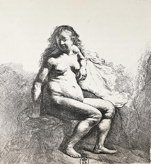 Rembrandt van Rijn (After 1883) - Woman Sitting on Hillock: Artist: Rembrandt van Rijn (After 1883) Title: Woman Sitting on Hillock Year: 1883 Dimensions: 12 1/2in. by 17 1/2in. Edition: From the rare limited edition Medium: