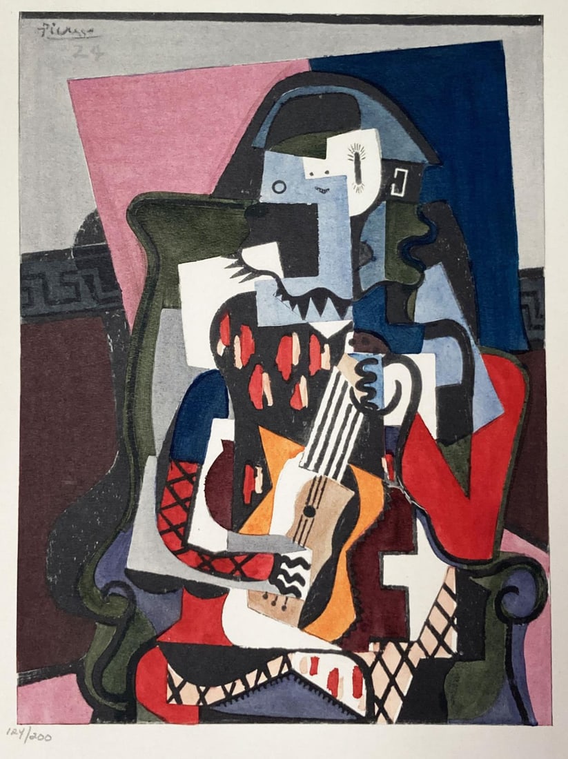 Pablo Picasso (After) - Arlecchino Con La Chitarra: Artist: Pablo Picasso (After) Title: Arlecchino Con La Chitarra Year: 1955 Dimensions: 11.5in. by 15.5in. Edition: From the rare limited edition of 200 Suite: S