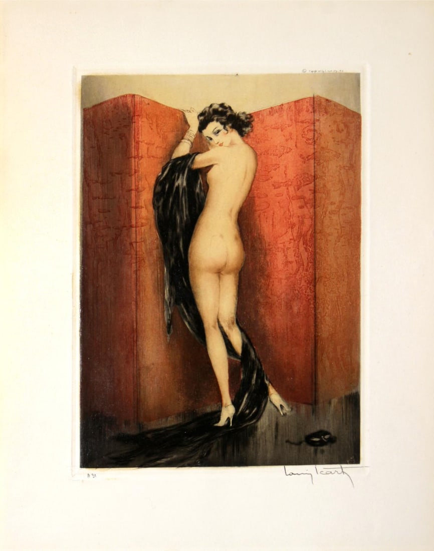 Louis Icart - Unmasked: Artist: Louis Icart Title: Unmasked Year: 1933 Dimensions: 12.4in. by 8.2in. Edition: From the rare limited edition Medium: Original soft-ground etching with ha