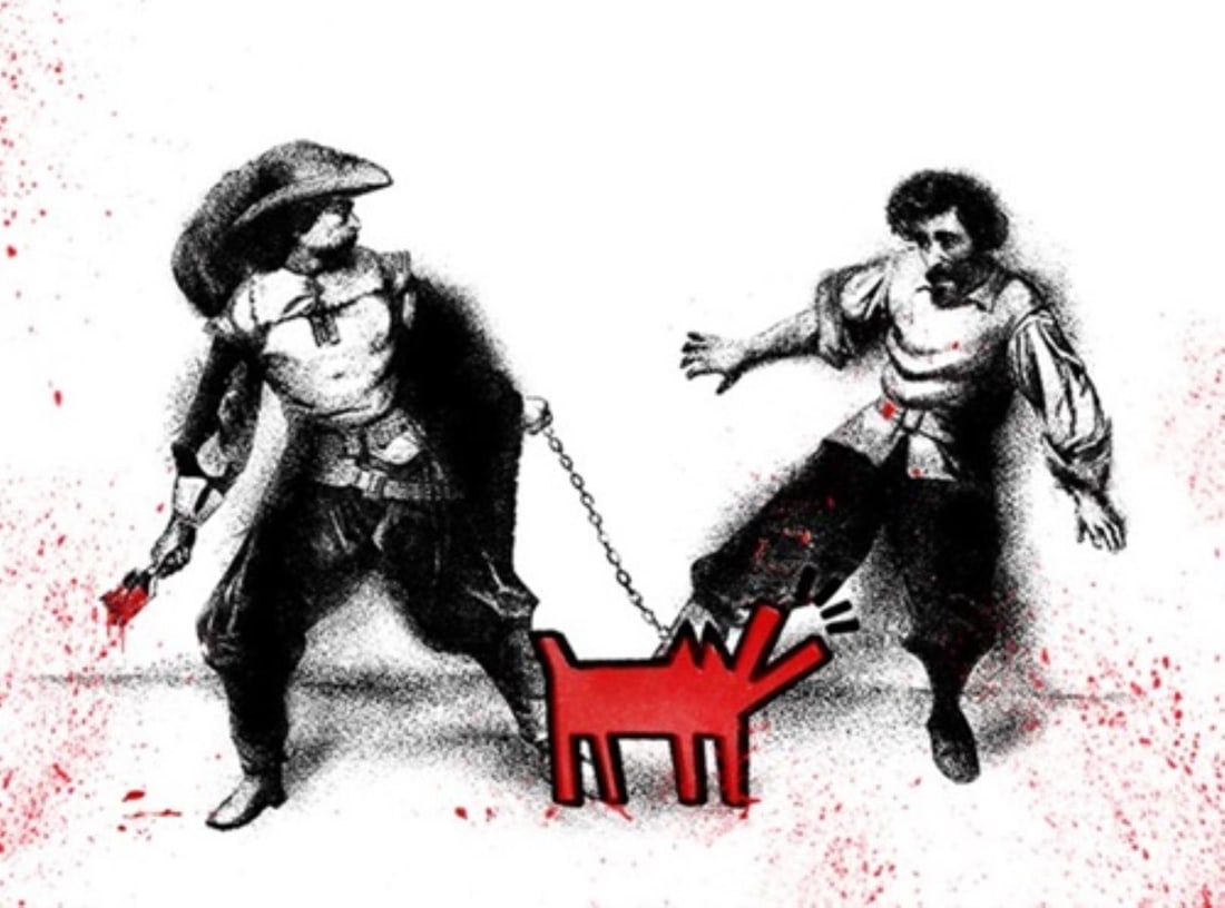 Mr. Brainwash - Watch Out! (Large Red): Artist: Mr. Brainwash Title: Watch Out! (Large Red) Year: 2019 Dimensions: 84in. by 54in. Edition: from the edition of 3 Medium: Original screenprint with hand splattered paint on paper Condition: