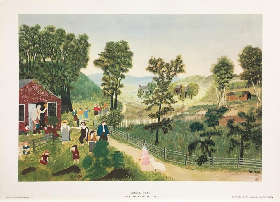 Grandma Moses - Mary and the Little Lamb: Artist: Grandma Moses Title: Mary and the Little Lamb Year: 1948 Dimensions: 14 1/4in. by 19 3/4in. Edition: From the Rare Limited Edition Publisher: Art in America Company Inc New York Suite: A