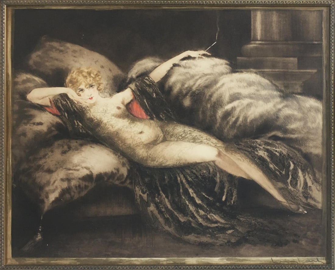 Louis Icart - Golden Veil: Artist: Louis Icart Title: Golden Veil Year: 1930 Dimensions: 15 1/2in. by 19 1/4in. Edition: From the rare limited edition Medium: Original drypoint etching with hand watercoloring and 24k gold leaf