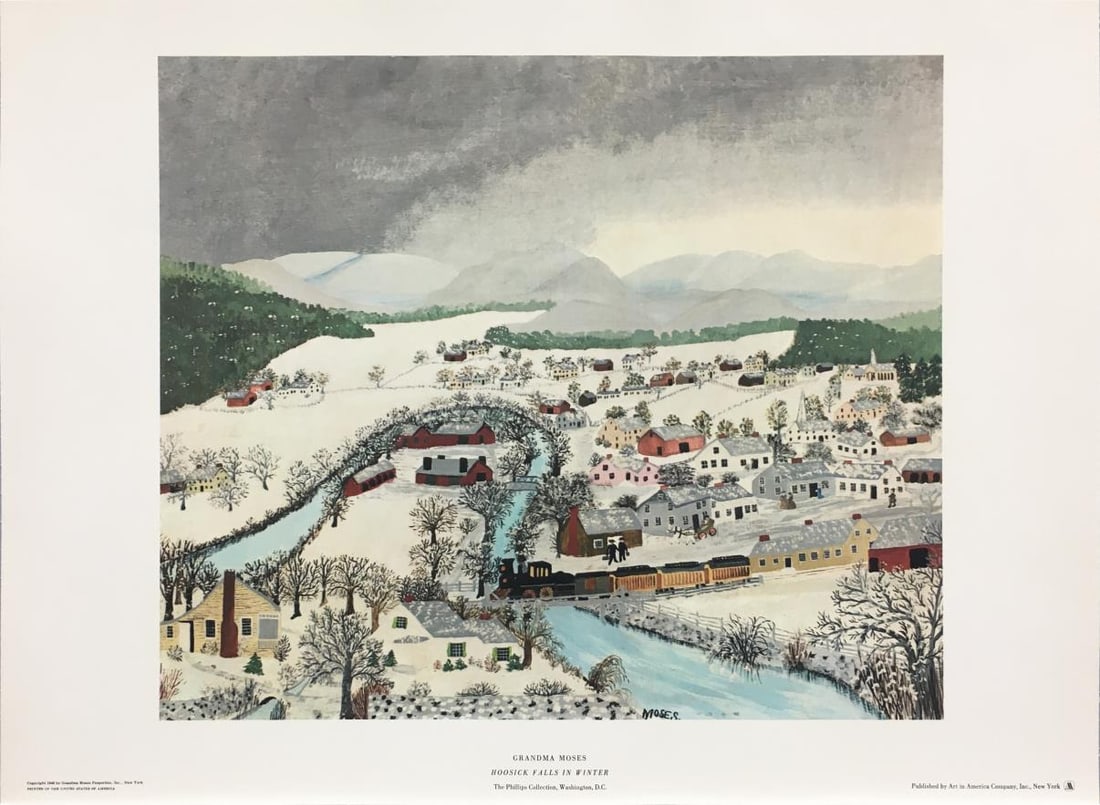 Grandma Moses - Hoosick Falls in Winter: Artist: Grandma Moses Title: Hoosick Falls in Winter Year: 1948 Dimensions: 14 1/4in. by 19 3/4in. Edition: From the Rare Limited Edition Publisher: Art in America Company Inc New York Suite: A