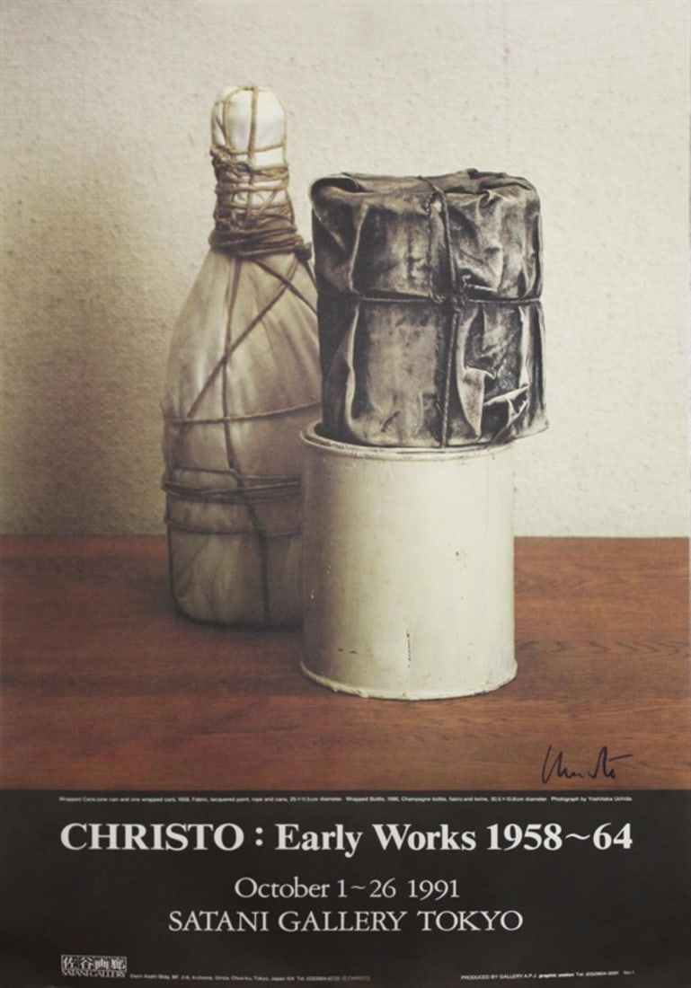 Christo - Early Works 1958-1964 - Signed Poster: Artist: Christo Title: Early Works 1958-1964 - Signed Poster Year: 1991 Dimensions: 30in. by 19 1/2in. Edition: From the Rare Limited Edition Publisher: Satani Gallery Tokyo Medium: Offset Lithograph