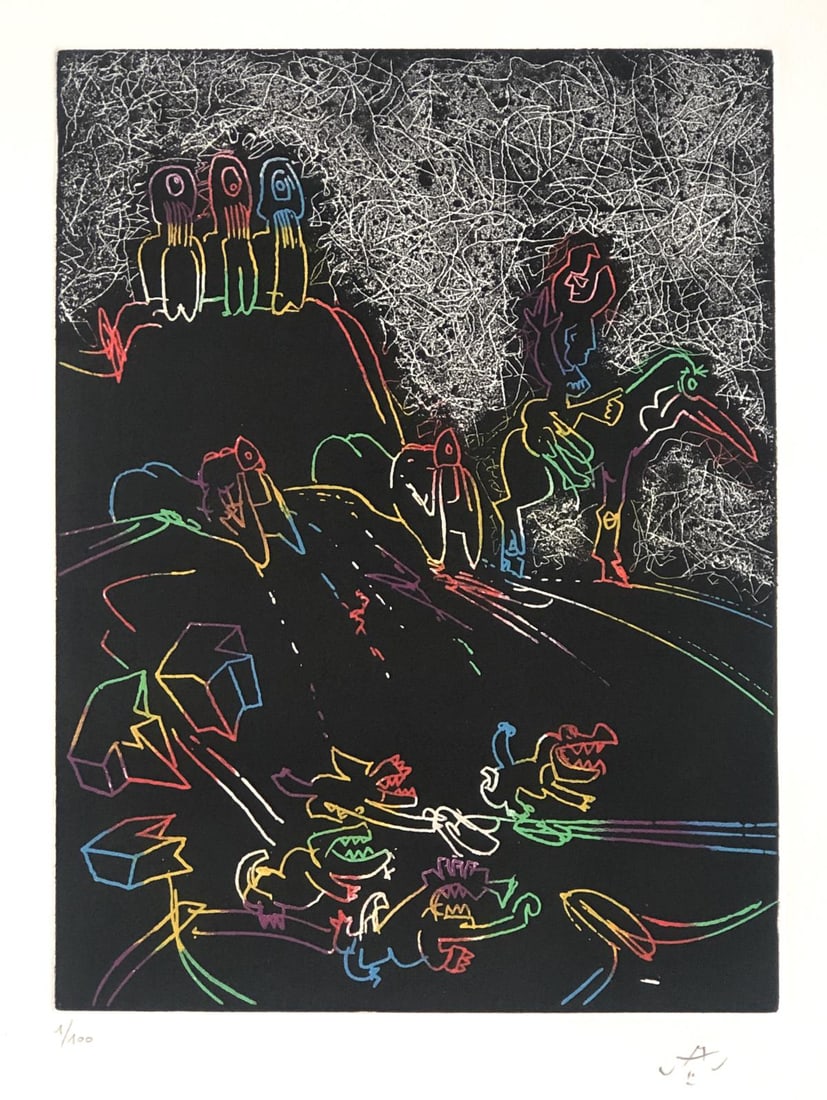 Roberto Matta - El Verbo Americana: Artist: Roberto Matta Title: El Verbo Americana Year: 1988 Dimensions: 26 1/2 in. by 19 1/2in. Edition: From the Rare Limited Edition of 100 Medium: Etching in Colors on Arches Paper Condition: