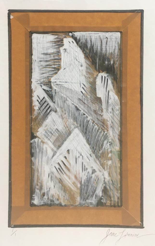 Jane Loraine - Mountains: Artist: Jane Loraine Title: Mountains Dimensions: 17in. by 10 5/8in. Edition: A Unique One of a Kind Artwork Medium: Original mixed media on paper Condition: Ex