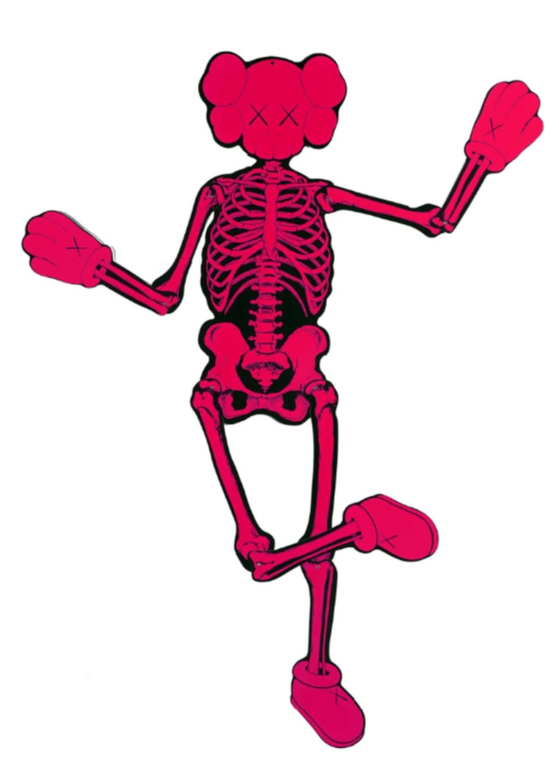 KAWS - Companion Skeleton (Large Pink): Artist: KAWS Title: Companion Skeleton (Large Pink) Year: 2007 Dimensions: 39in. by 10in. Edition: From the Rare Limited Edition Publisher: OriginalFake Medium: Screenprint on Movable Skeleton