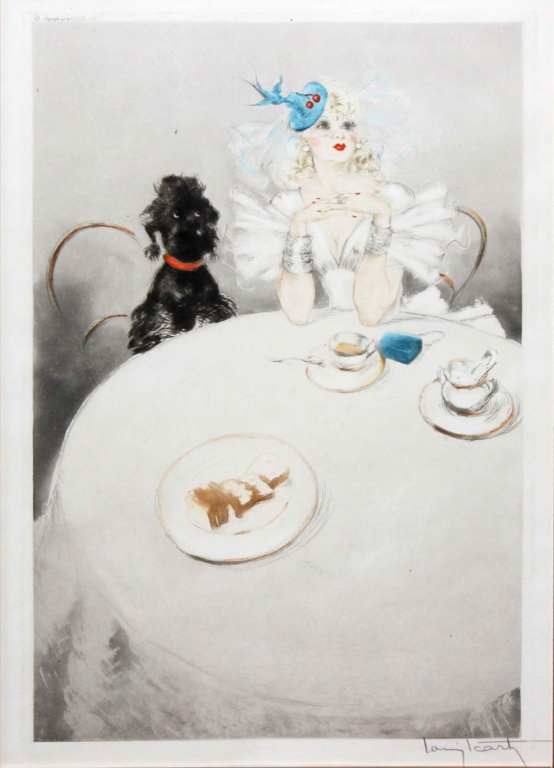Louis Icart - Guest Poodle: Artist: Louis Icart Title: Guest Year: 1941 Dimensions: 16.75in. by 11in. Edition: From the rare limited edition Medium: Original drypoint etching with hand coloring on paper Condition: Excellent
