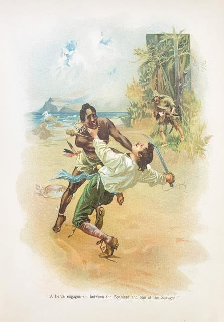 Antique Print Joseph Finnemore - Robinsone Crusoe Chromolithograph IV: Artist: Antique Print Joseph Finnemore Title: Robinsone Crusoe Chromolithograph IV Year: 1895 Dimensions: 9 1/2in. by 7 3/4in. Edition: From the rare limited edition Publisher: Dutton New York and