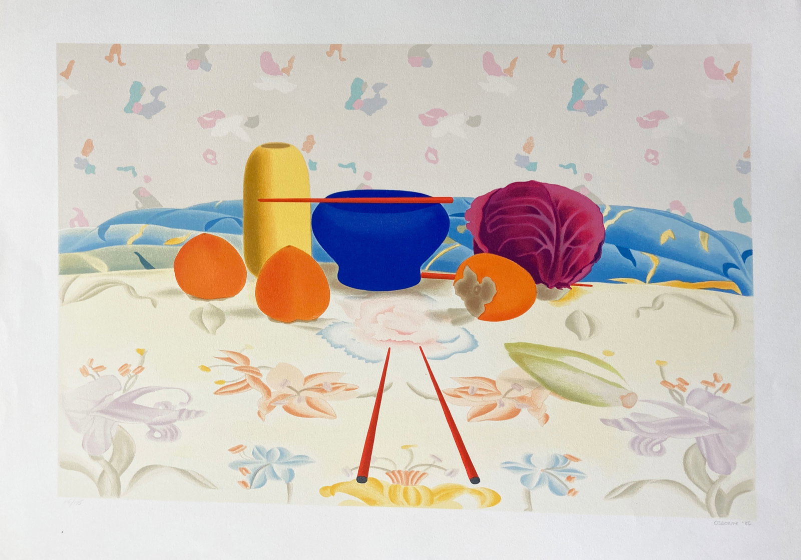 Elizabeth Osborne - Still Life with Chopsticks: Artist: Elizabeth Osborne Title: Still Life with Chopsticks Year: 1986 Dimensions: 22 1/2 x 31 1/2 in. Edition: From the rare limited edition Medium: Original serigraph in colors on paper Condition: