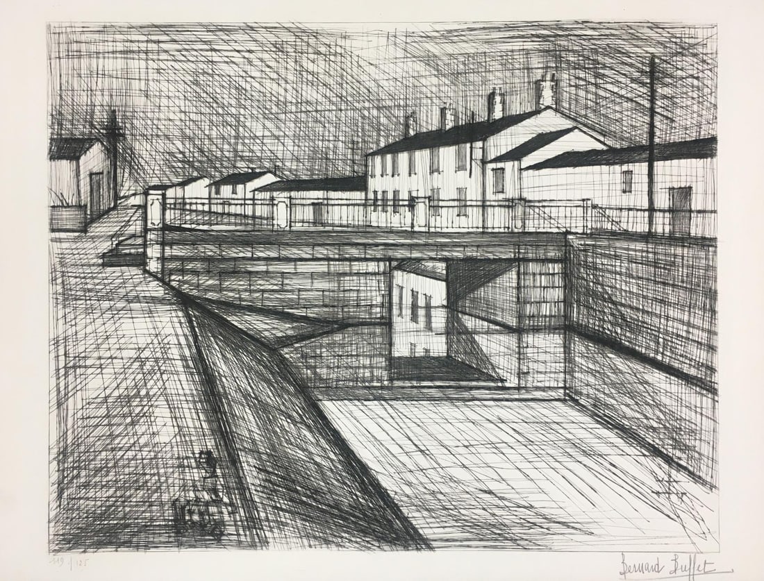 Bernard Buffet - Le Canal: Artist: Bernard Buffet Title: Le Canal Year: 1968 Dimensions: 21in. by 27in. Edition: Numbered from the limited edition of 125 Medium: Drypoint Etching Condition: Excellent Signature Details: Hand
