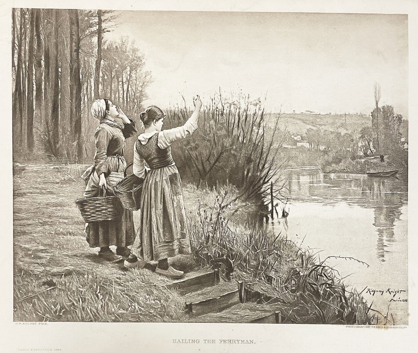 Daniel Ridgway Knight - Hailing the Ferryman: Artist: Daniel Ridgway Knight Title: Hailing the Ferryman Year: 1888 Dimensions: 9 3/4 x 13 1/2 in. Edition: From the rare limited edition Medium: Original heliogravure on Arches paper Condition: