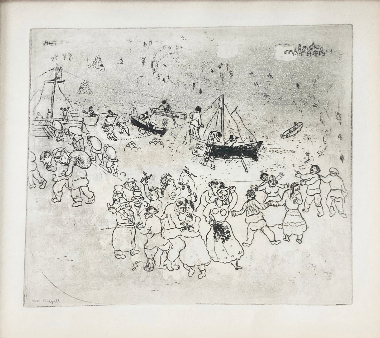 Marc Chagall - The Grain Wharf: Artist: Marc Chagall Title: The Grain Wharf Year: 1948 Dimensions: 12 1/2 x 9 1/2 in. Edition: From the rare limited edition Publisher: Teriade, Paris Suite: Les Ames Mortes Medium: Original etching