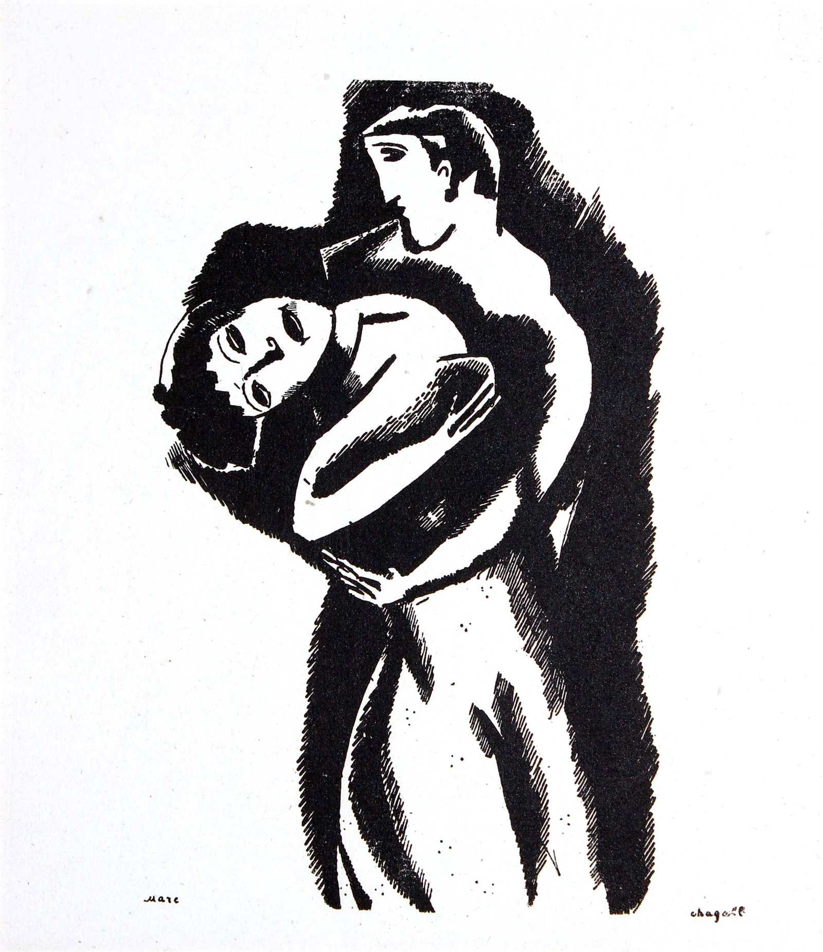 Marc Chagall - Lovers' Embrace: Artist: Marc Chagall Title: Lovers' Embrace Year: 1950 Dimensions: 10 x 8 1/2 in. Edition: From the rare limited edition Publisher: XXe Siecle Suite: Le dur desir de durer Medium: Original offset