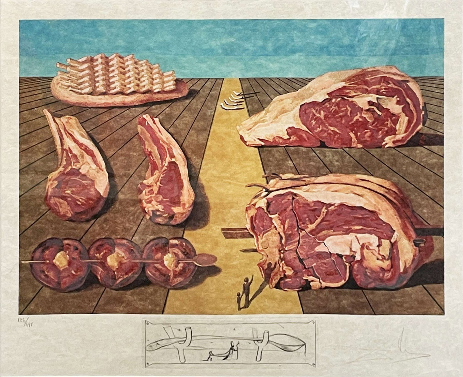Salvador Dali - Sodomized Entrees: Artist: Salvador Dali Title: Sodomized Entrees Year: 1971 Dimensions: 22 x 29 1/2 in. Edition: Numbered from the limited ediiton of 195 Suite: Les Diners de Gala Medium: Color lithograph on Rives