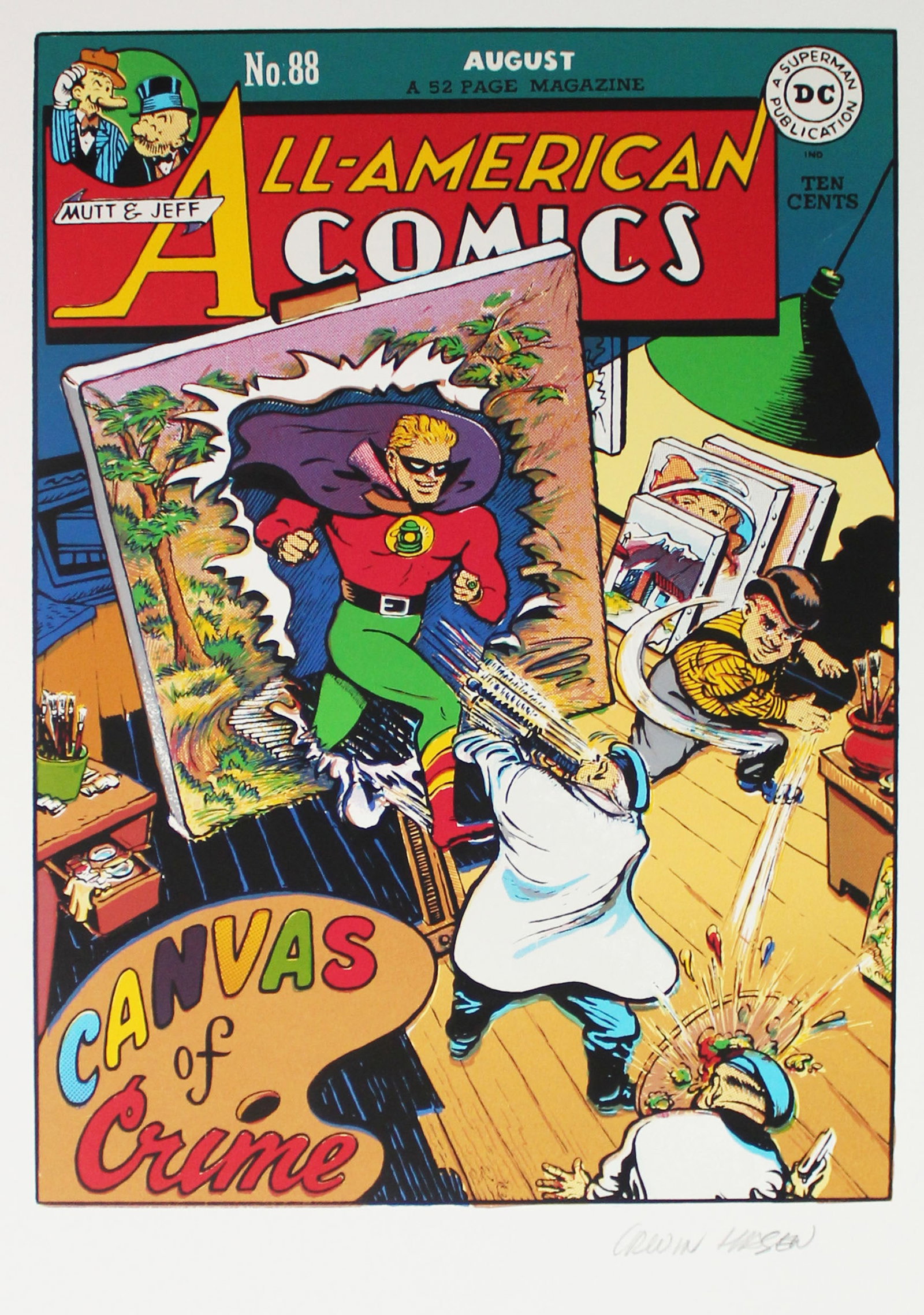 Irwin Hasen - Canvas of Crime: Artist: Irwin Hasen Title: Canvas of Crime Year: 2005 Dimensions: 18 x 24 in. Edition: From the Rare Limited Edition Medium: Silkscreen in Colors on Paper Condition: Excellent Signature Details: Hand
