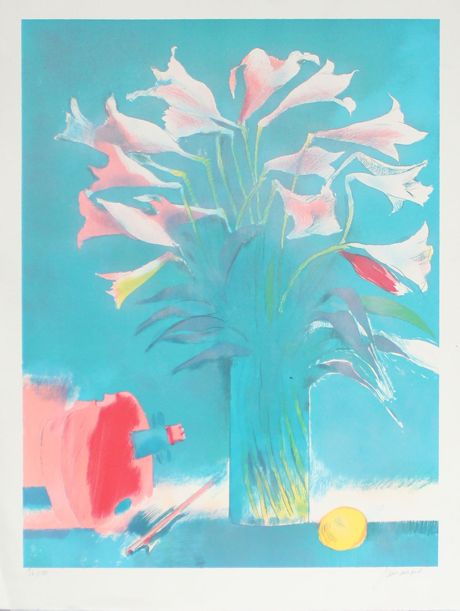 Paul Guiramand - Bouquet de Lys sur Fond Bleu: Artist: Paul Guiramand Title: Bouquet de Lys sur Fond Bleu Dimensions: 22 x 30 in. Edition: from the rare limited editon of 100 Medium: Original lithograph on Vellum Condition: Excellent Signature