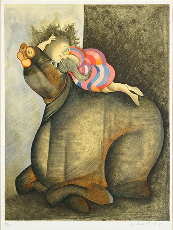Graciela Rodo Boulanger - Girl on Bull: Artist: Graciela Rodo Boulanger Title: Girl on Bull Year: B. 1935 Dimensions: 25 1/2 x 19 1/2 in. Edition: From the rare limited edition of 200 Medium: Lithograph in colors on paper Condition: