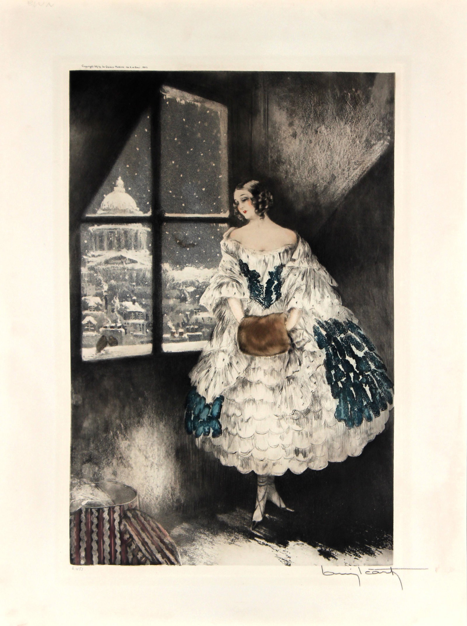 Louis Icart - Mimi: Artist: Louis Icart Title: Mimi Year: 1927 Dimensions: 20 1/4 x 13 1/4 in. Edition: From the rare limited edition of 250 Medium: Original drypoint etching with