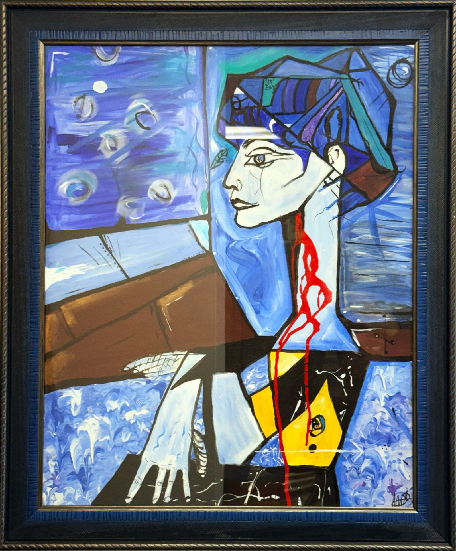 Matthew Steinberg - Seated Woman: Artist: Matthew Steinberg Title: Seated Woman Year: 2022 Dimensions: 29 x 35 in. Edition: One-of-a-Kind Original Painting with elegant blue and black frame. Medium: Original Acrylic Painting on