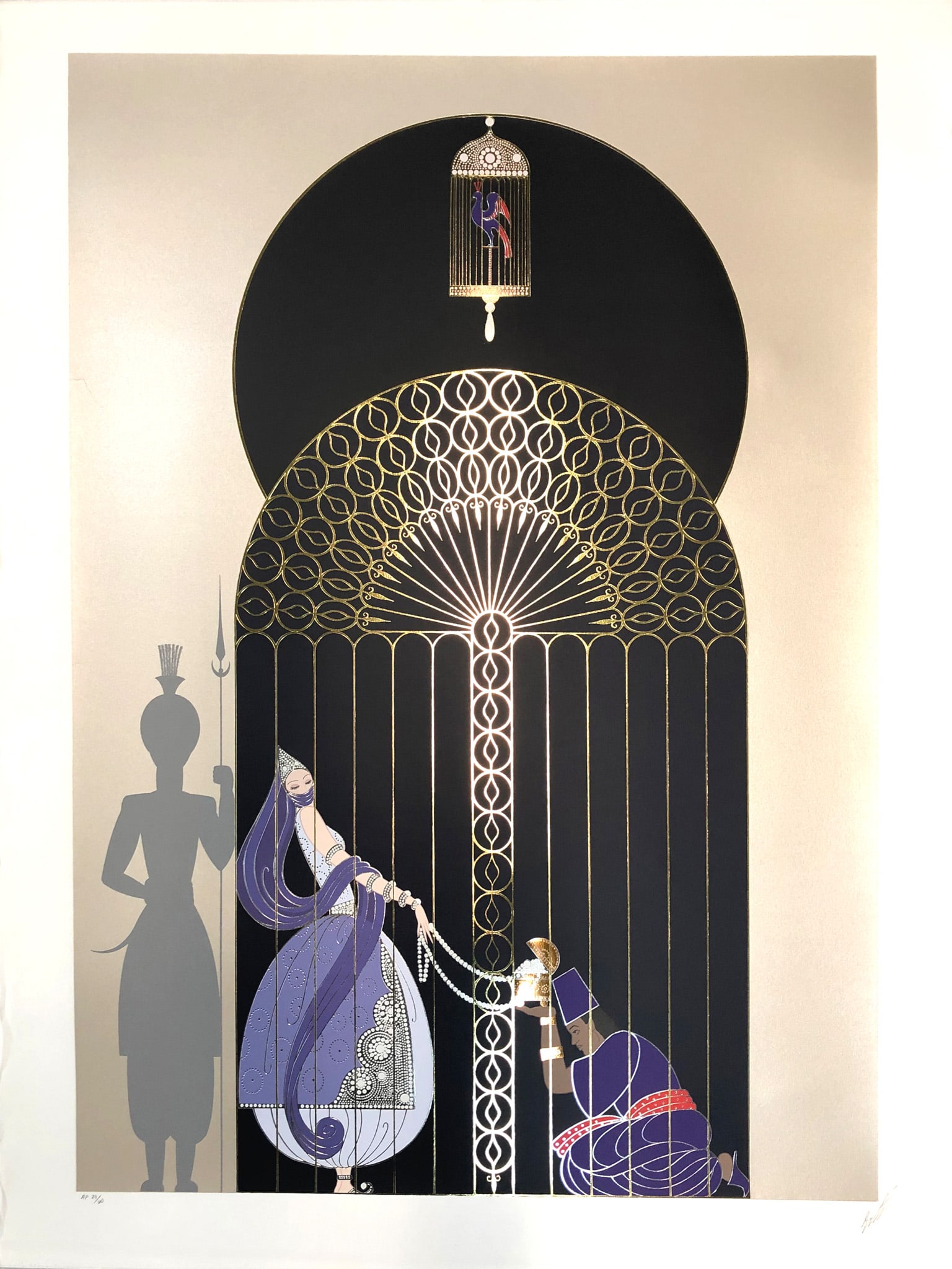 Erte - Bird in a Gilded Cage: Artist: Erte Title: Bird in a Gilded Cage Year: 1989 Dimensions: 47 1/4 x 30 5/16 in. Edition: From the limited edition of 60 Medium: Original serigraph on paper with embossing Condition: Excellent