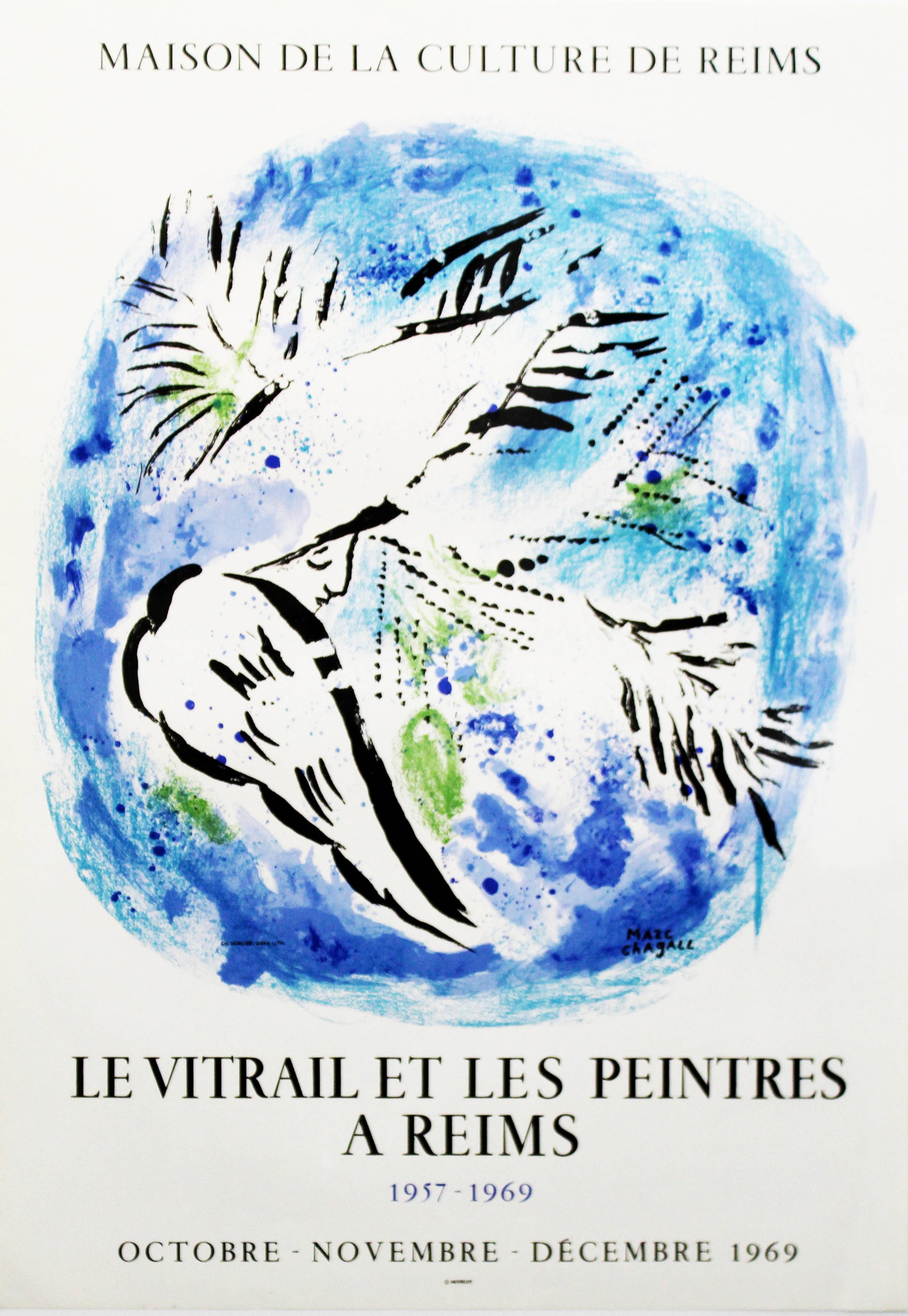 Marc Chagall - Maison de la Culture de Reims - Le Vitrail et les Peintres a Reims: Artist: Marc Chagall Title: Maison de la Culture de Reims - Le Vitrail et les Peintres a Reims Year: 1969 Dimensions: 23in. by 32in. Edition: From the rare limited edition Publisher: Mourlot Paris